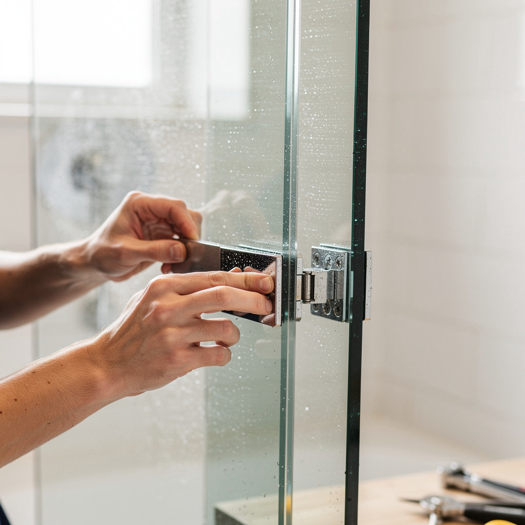 Shower Glass Pro team member demonstrating precise craftsmanship during a custom glass installation in Santa Barbara